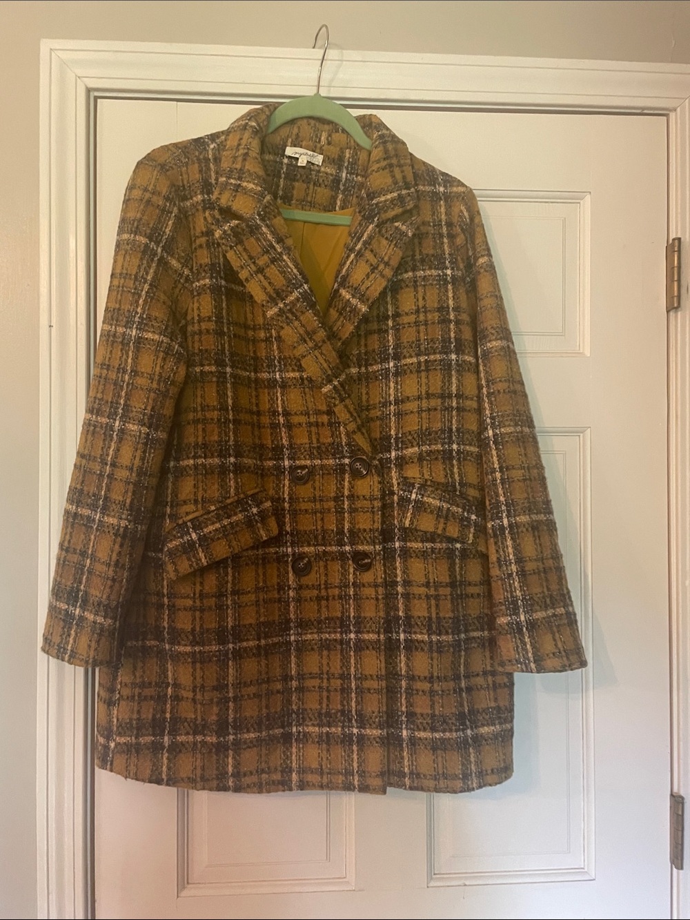 mystree-Vintage Classic Plaid Double-Breasted Coat - Mustard Grey Plaid Size M